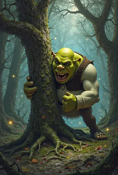 Mysterious angry Shrek eating a tree in the woods