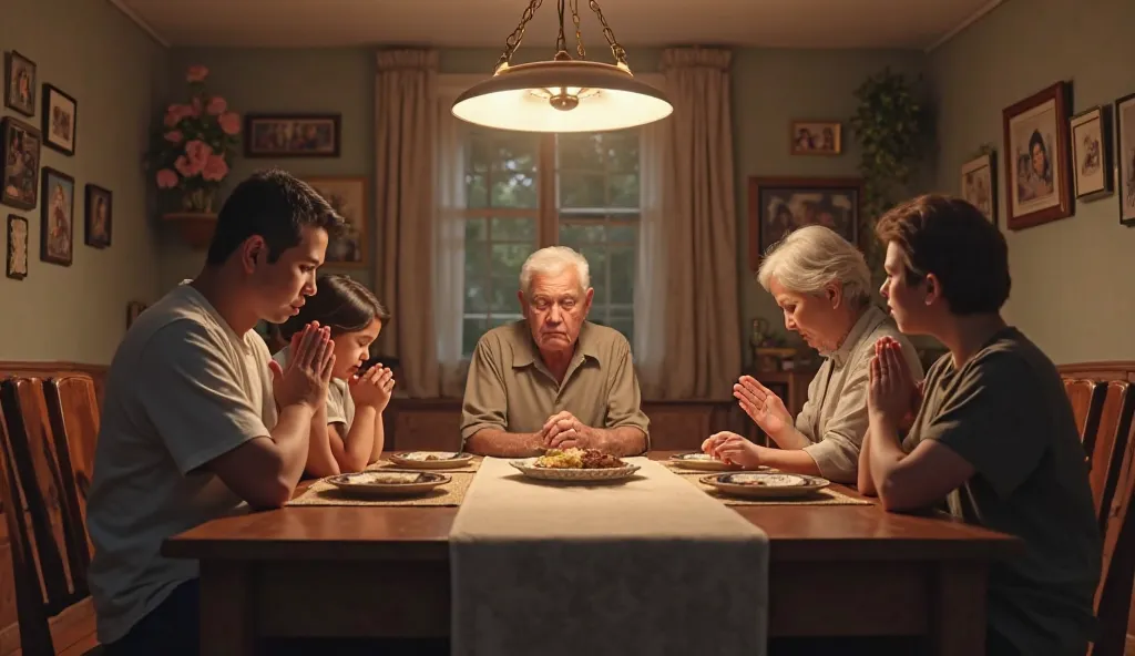 Family praying in a cozy dining room movie scene I don't want a cartoon
