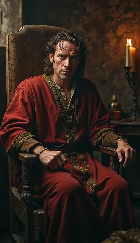 Picture a medieval doctor, sitting in a creaky wooden chair, his face flushed and dripping with sweat, his eyes wide with weariness. His robes, once finely crafted, are now wrinkled and disheveled, and the heat from the dimly lit room seems to make him eve...