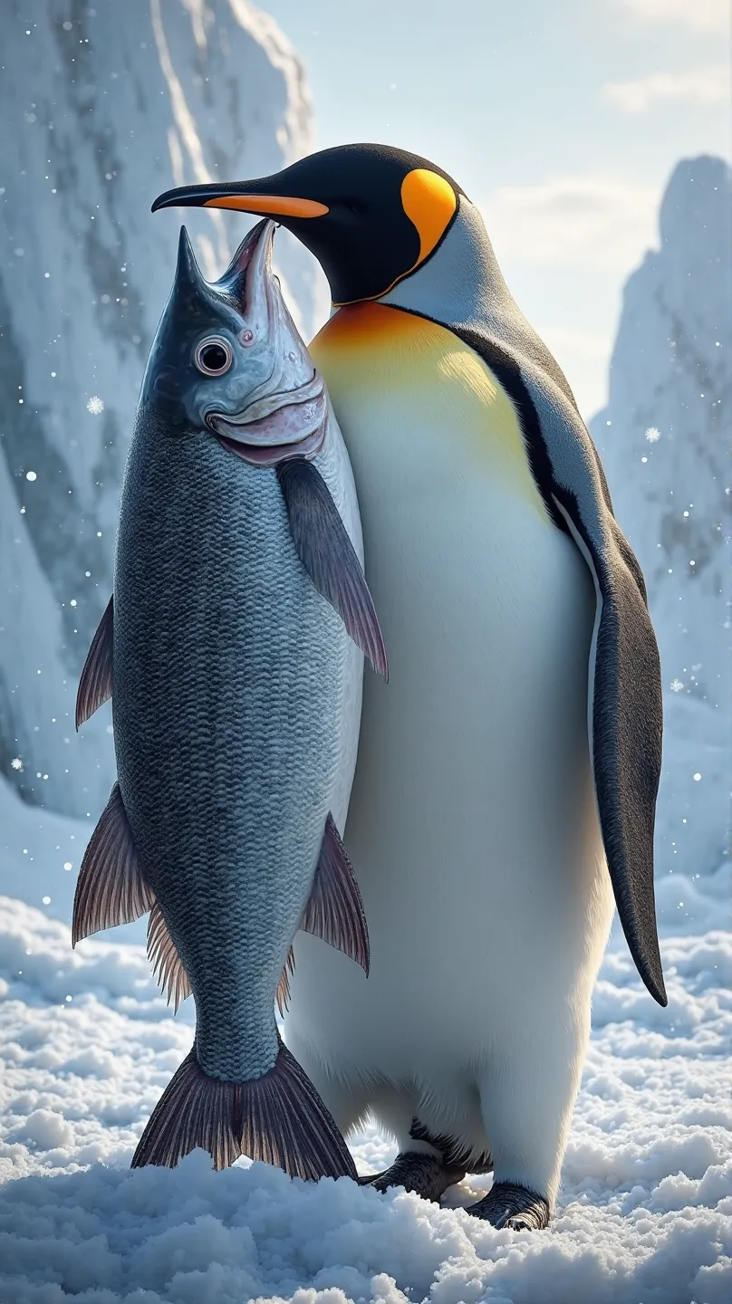 Create an image of an emperor penguin with a huge fish in its mouth 