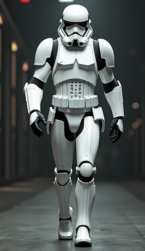 Iron Man armor in the colors and style of the Stormtrooper Star Wars walking towards the camera