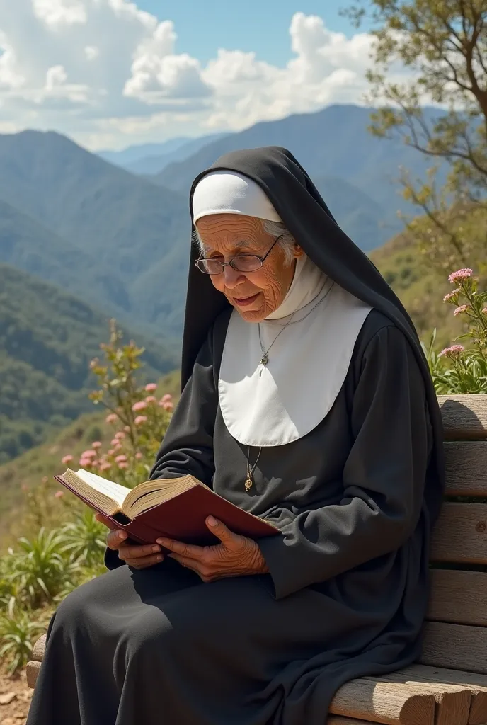 An elderly Venezuelan religious woman with a sweet face and eyes full of compassion, dressed in the traditional habit, sitting on a wooden bench while reading a prayer book in an environment of absolute peace, with a background of mountains and a clear sky...