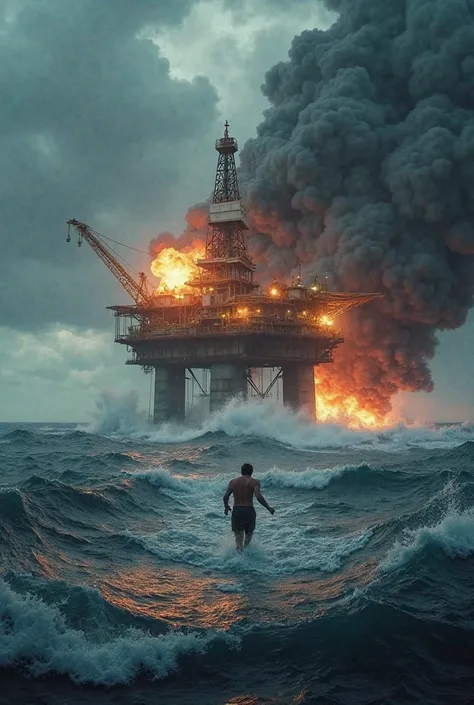 "An ultra HD 1080 resolution image depicting a turbulent ocean in the midst of an apocalyptic storm. A massive oil platform is being completely devastated by colossal waves and explosions. The scene captures chaos, with people running in fear and panic as ...