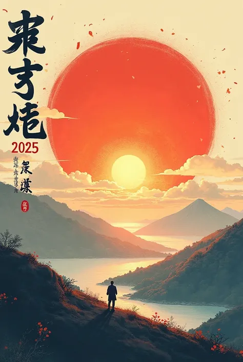 Rising Sun that says Japan 2025 in Japanese in Shodo style