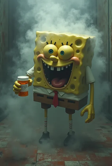 Create an image of a very smoky SpongeBob, with a bottle of oxycontin in your hand