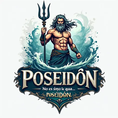 Create a logo A powerful and majestic depiction of Poseidon holding his trident in an epic stance. His expression exudes strength and command over the seas. The logo should have a natural yet bold aesthetic, incorporating ocean waves and dynamic elements t...