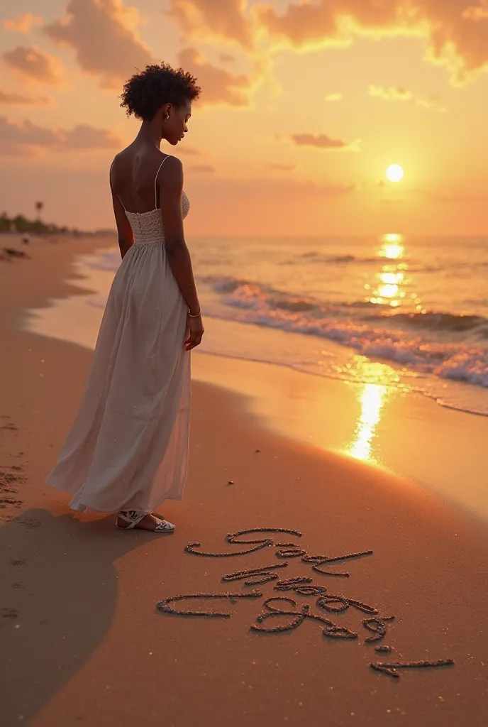 Femme noire cheveux courts ecrit sur le sable au crépuscule: God bless you !