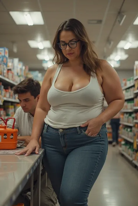 In a crowded supermarket, a massive ass voluptuous pawg plus-sized 30-year-old white supermarket worker with glasses, dressed in a low-cut tank top and jeans, leans seductively over a student's desk while a seated muscle boy gazes longingly at her enormous...