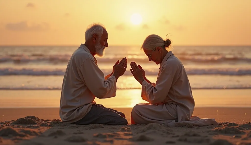 elderly couple praying together on the beach