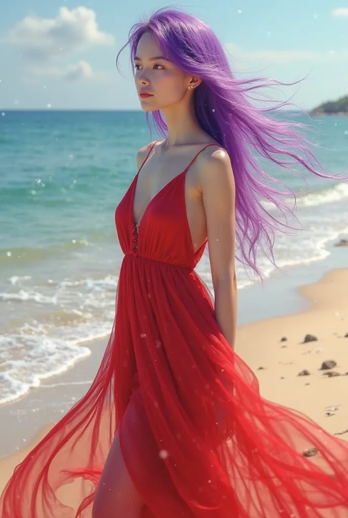 A purple hair blanc girls on the beach in a see true red dress naked 