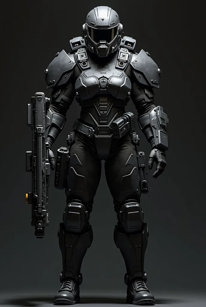 a realistic game character, female huge and muscular, wearing a black heavy riot shield suit, police suit, a black helmet with eye shield protection, carrying a huge full body ballistic shield, wearing leg iron protection. background is black.
