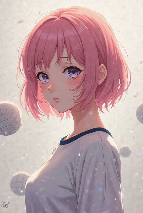 anime style, Young woman with a moody pose with short pink hair, with a volleyball

