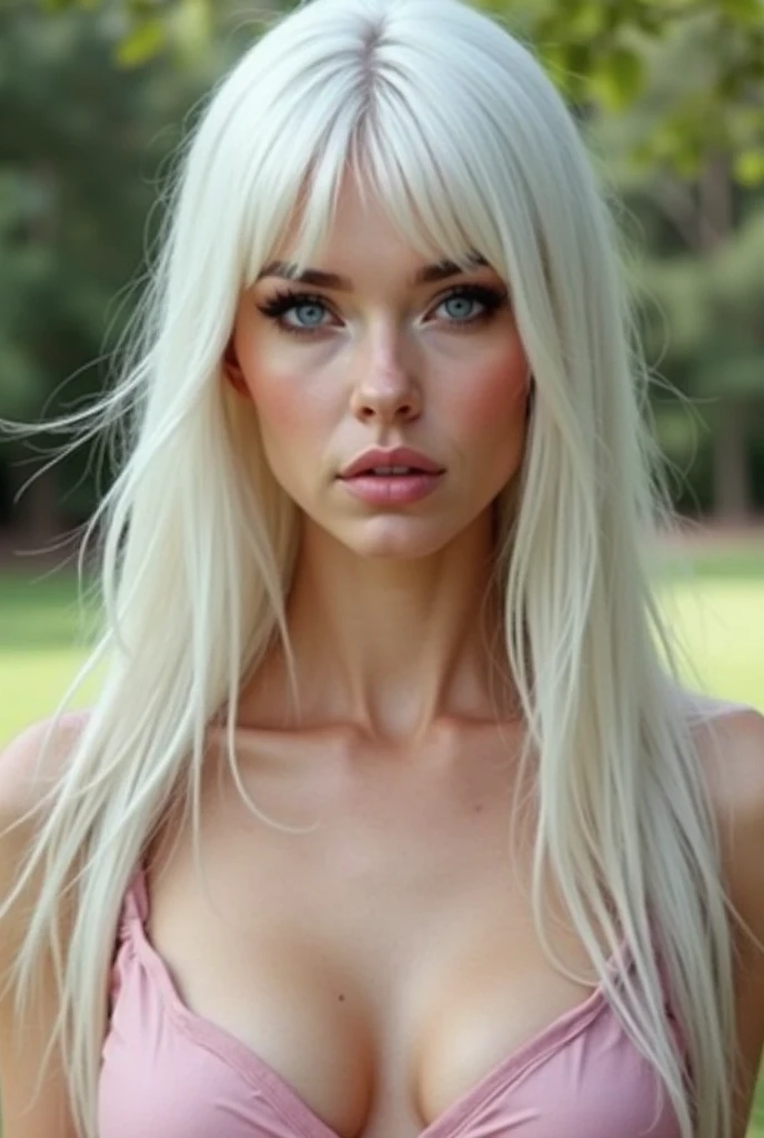 A portrait of a realistic, gorgeous, flawless, elegant, intimidating woman with long, straight white hair with wispy bangs. She has marvelous blue eyes. She has a neutral expression on her face and she is wearing a soft pink dress with a sweetheart necklin...