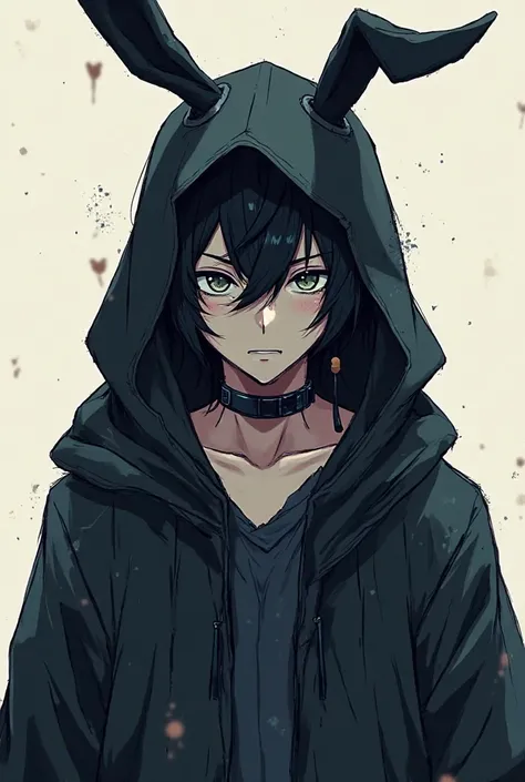 Man wearing a hood, black rabbit ears hanging down on a hood, dark hair, dark eyes,  ear piercing, Blinded bangs,  wearing a choker , draw me in a webtoon picture.