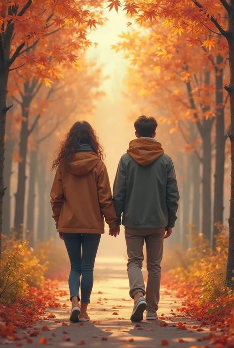 2 Peoples walk facing backwards in autumn