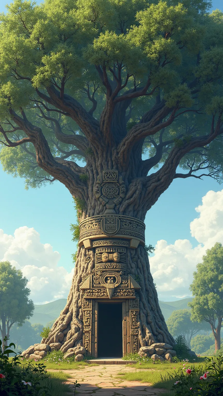 A majestic tree with Toltec carvings on its trunk,  in an open field , representing authenticity and connection with ancient culture.