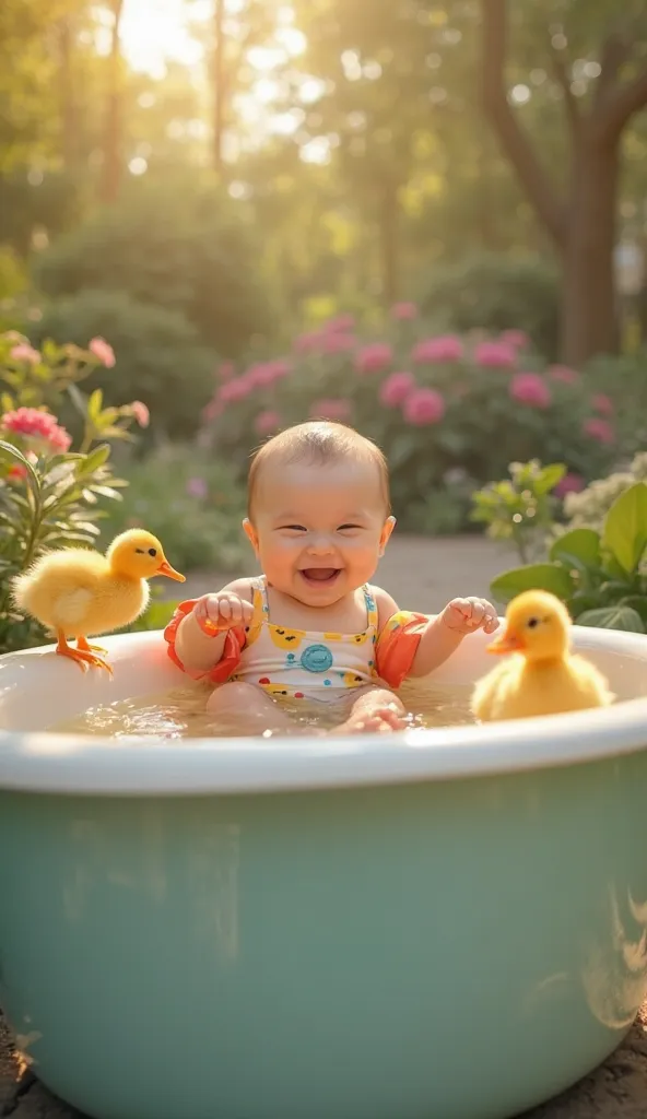 An ultra-realistic image of a six-month-old baby with soft, fair skin, wearing a colorful swimsuit and inflatable armbands, sitting inside a luxurious, pastel-colored porcelain tub filled with warm, crystal-clear water. The baby’s legs kick excitedly, crea...