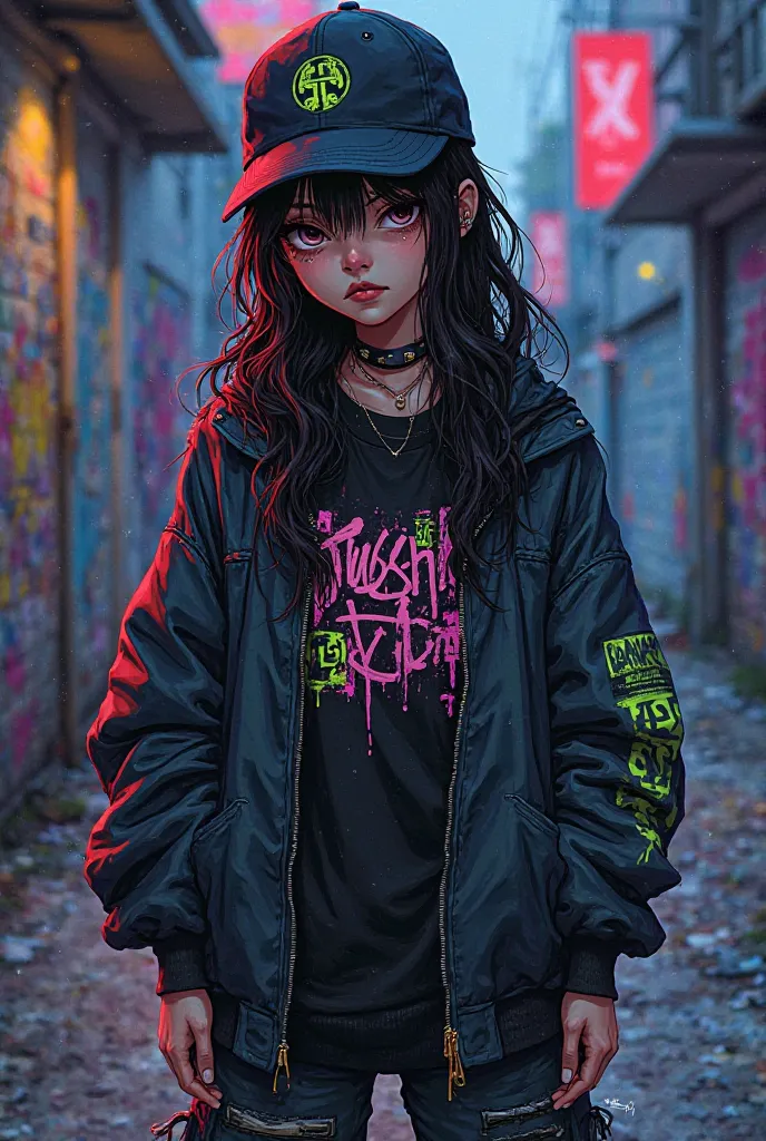 Art Style : A fusion of dark realism with vibrant graffiti elements and manga style.
    *  color palette : Predominantly dark tones (black people, gray,  Deep blue ) with touches of vibrant neon colors (pink shock, lime green, electric orange) for the gra...