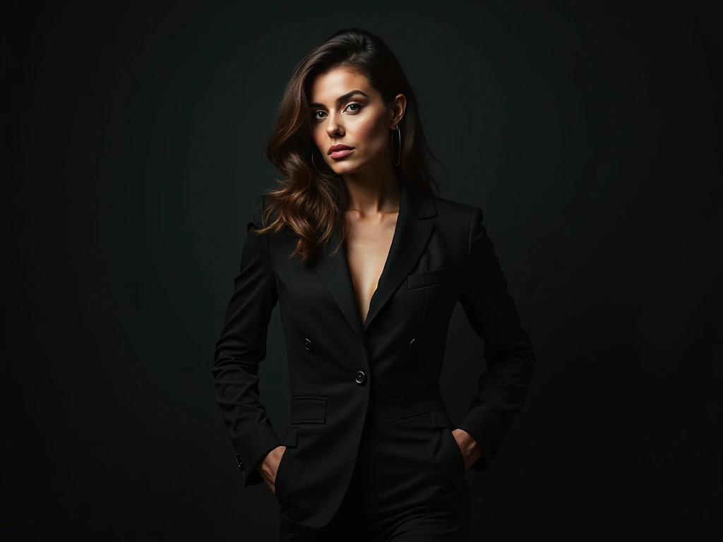 Create an image of a powerful entrepreneurial woman with fine features and an imposing presence. She has a determined expression and is dressed elegantly, modern and elegant business clothes. The background is dark and melancholic, with subtle lighting hig...