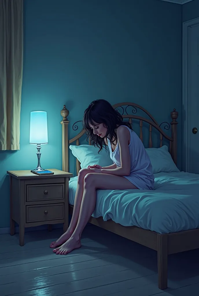 Effet réaliste et cartoon,Une jeune femme assise sur le bord d’un lit, dans une chambre plongée dans une lumière tamisée. Elle est en pyjama, les genoux repliés contre sa poitrine, le regard vide fixé sur le sol. Sur la table de nuit, un téléphone avec un ...