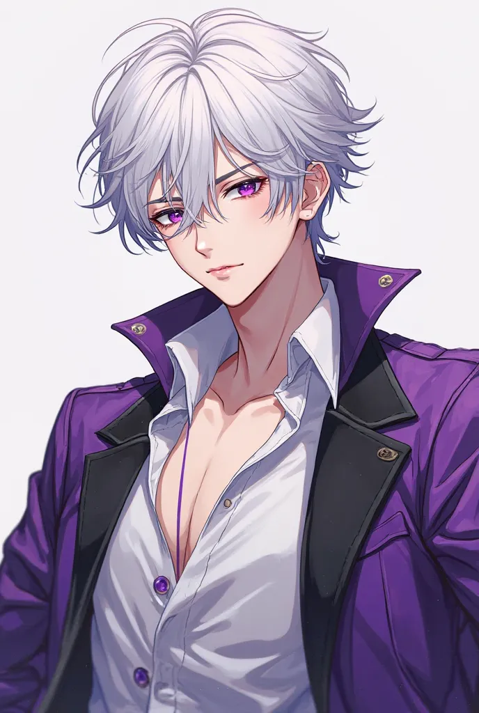 (masterpiece), best quality, expressive eyes, perfect face, a white 19yr old guy, with white hair, purple eyes, a purple line down his eye, with a white, black and purple outfit, anime style