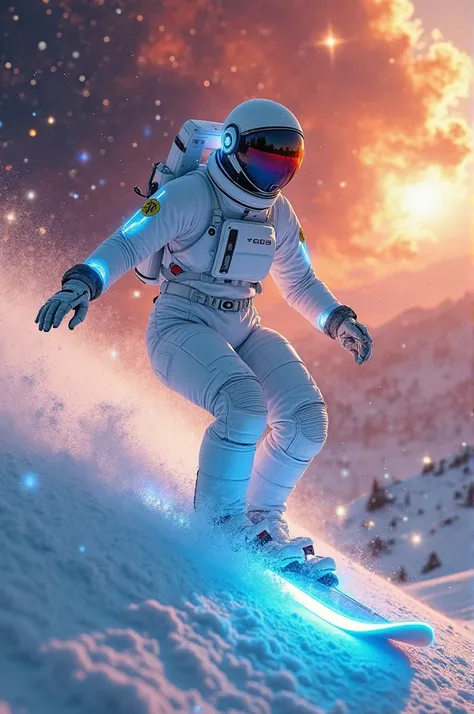 
A futuristic sexy big-bust astronaut in a sleek,
high-tech white spacesuit with intricate details,
advanced padding, and glowing blue neon accents
that help highlight her svelte curvaceous figure,
mid-air performing an extreme snowboard trick.
Her pose is...