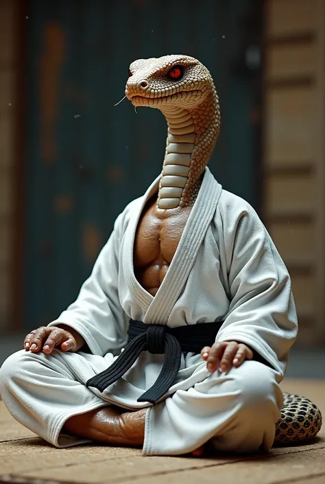 a naja snake , in a jiu-jitsu kimono, White , with red eyes,with a black band around the waist, looking fierce, with Scars ON HIS FACE,  on a mat, in meditation position 