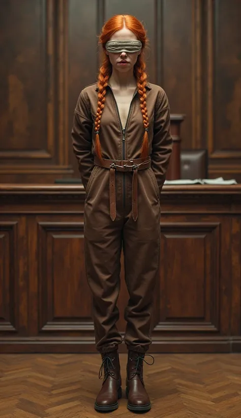 A French girl with braided ginger hair, rubber blindfolded and handcuffed behin her, in trial court. She's wearing a zipped brown leather jumpsuit, brown leather boots. fullbody veiw