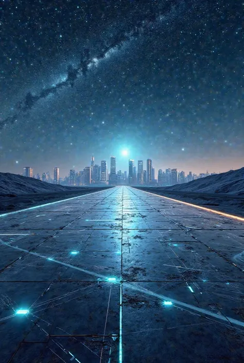 An asphalt with futuristic features and in the background a city with buildings on a night full of stars