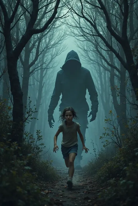 A  girl running hastily from a creepy looking man in a forest 