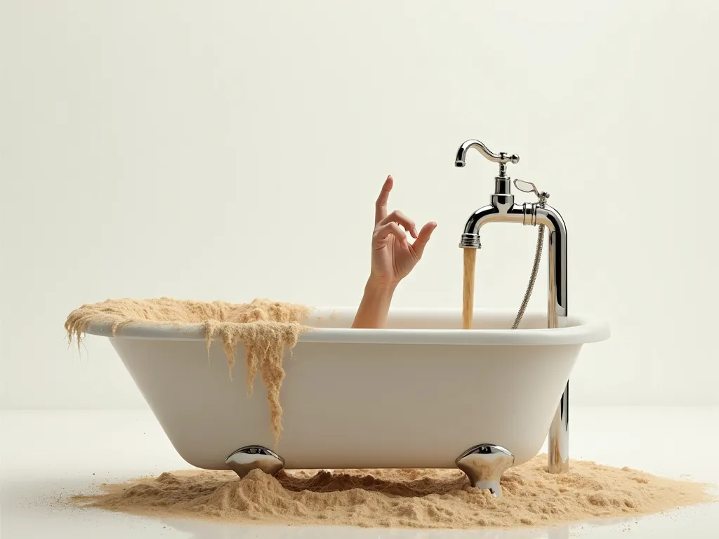 A bathtub is filled with sand that comes out of the faucet, A hand comes out asking for help, white background