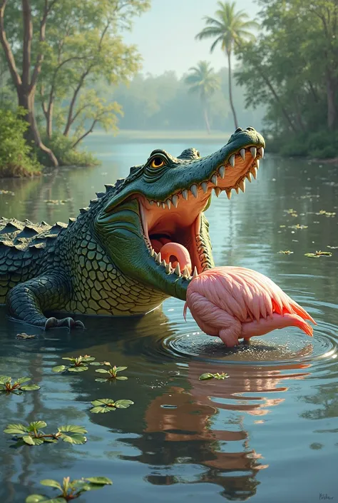 The alligator with its head sticking out of the water with its mouth on the flamingo's leg. Aesthetic 2D painting 