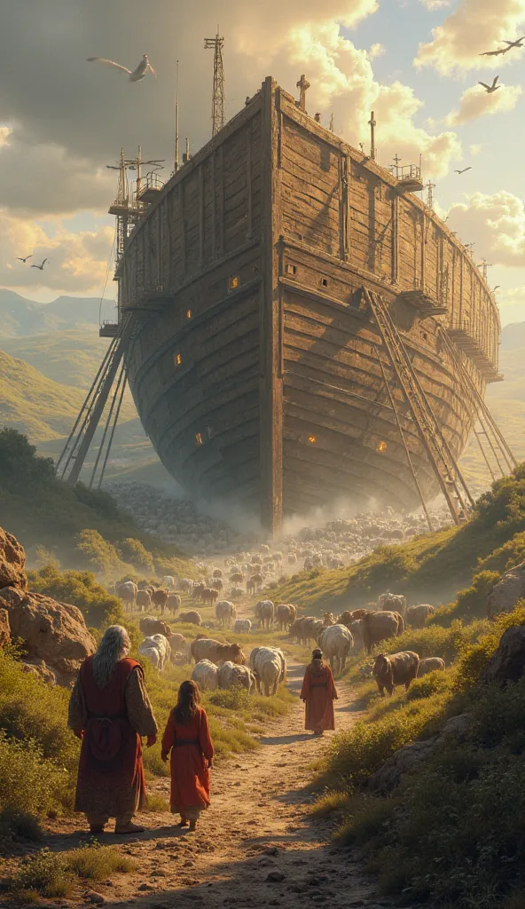 creates an image of Noah and his family building the ark, with animals filing inside.

