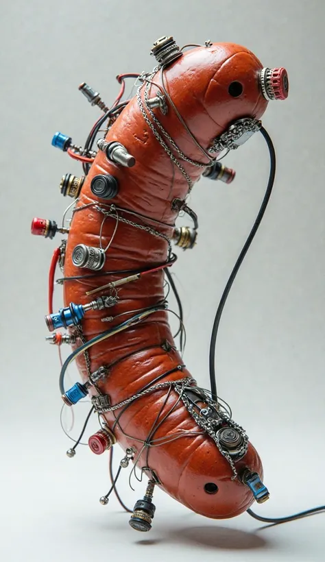 agina un prototipo de dispositivo con cables y piezas que recuerda a una sausage, thin and somewhat tangled cables come out. although with a touch of humor in its shape, similar a una sausage gruesa, but it is covered with a flexible metallic material that...