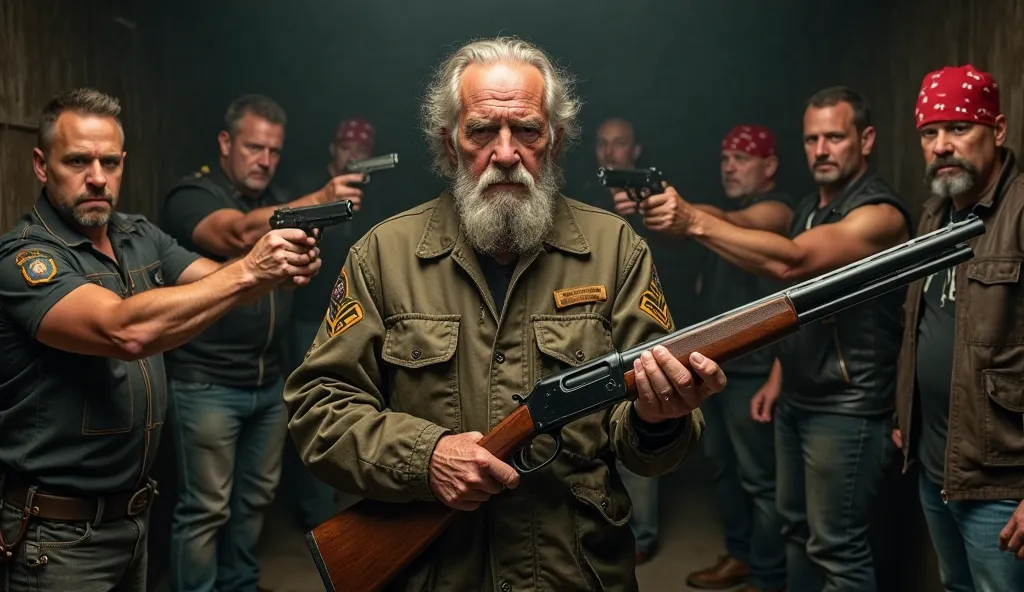 An intense scene with an old, rugged war veteran standing confidently with a shotgun in his hands. He’s wearing a weathered military jacket, showing signs of battle and age. Behind him, a group of tough biker gang members, wearing leather jackets and banda...