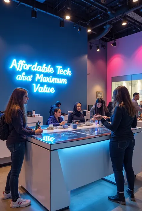 In the center, an interactive testing station allows customers to try out devices before purchasing. A side wall displays a neon-lit sign reading “Affordable Tech, Maximum Value.” The checkout area has sleek touch-screen counters for quick and seamless tra...