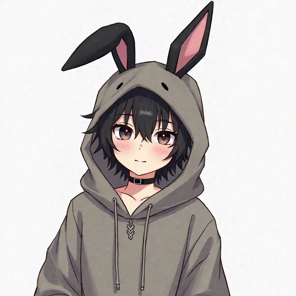 white background, cute rabbit statue, Man wearing a hood, black rabbit ears hanging down on a hood, dark hair, dark eyes,  ear piercing, Blinded bangs,  wearing a choker , draw me in a webtoon picture.