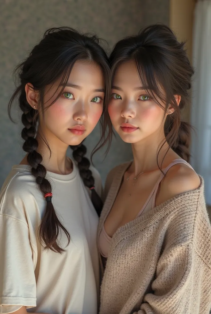 (ultra realistic texture details), ((realistic skin)), ((natural skin)), ((real girls)) two realistic girls in love, one asian with  green eyes, two messy braids and an oversized T-shirt, and the other tall with fair skin, blue eyes and short hair down to ...