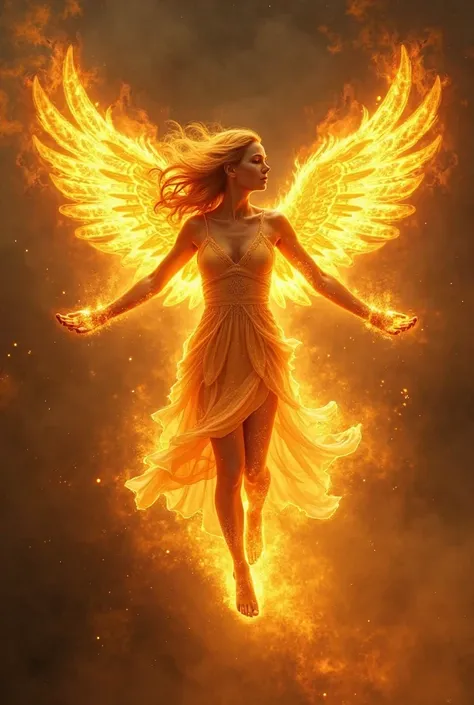 there is a woman that is flying through the air, digital art by Robert Peak, tumblr, digital art, yellow aura, her body made of flames, appears as the fire goddess, fiery aura, holy flame spell, a dark phoenix, holy fire spell art, yellow light spell, body...