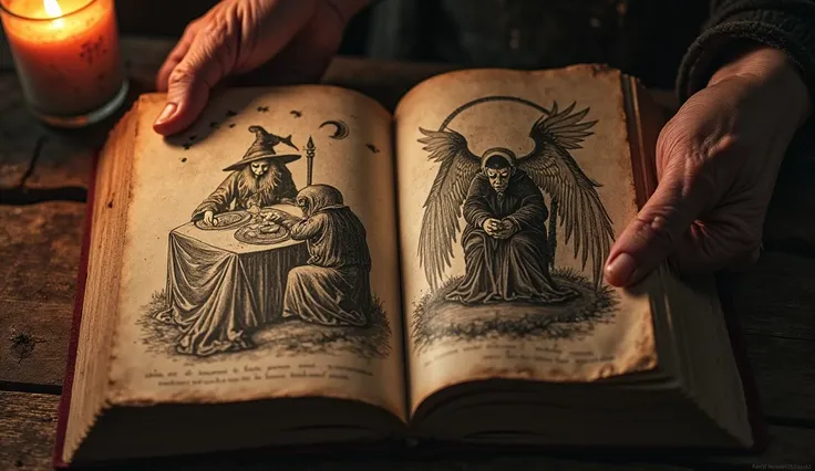 A page from an old book, filled with detailed illustrations of witches performing demonic rituals. A wrinkled male hand flips through the pages by candlelight, creating eerie shadows. Photorealistic, —ar 16:9