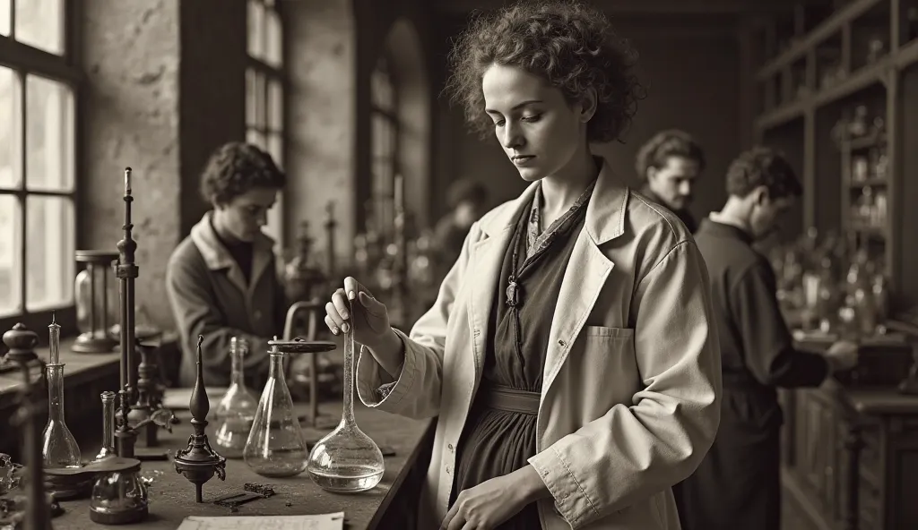 4. First Research Experience – Working in a Laboratory
"Marie Curie, wearing a modest lab coat over her dress, stands in a small laboratory at the Sorbonne, carefully measuring a chemical solution in a glass beaker. The workspace is cluttered with early sc...