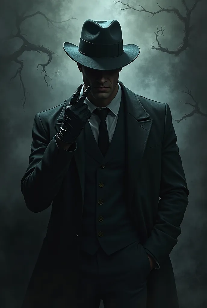 Evil man in an elegant suit and hat covering his face with his hand and with evil shadows around him 