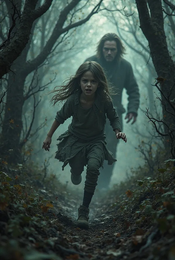 A  girl running hastily from a creepy man chasing after her in the forest 