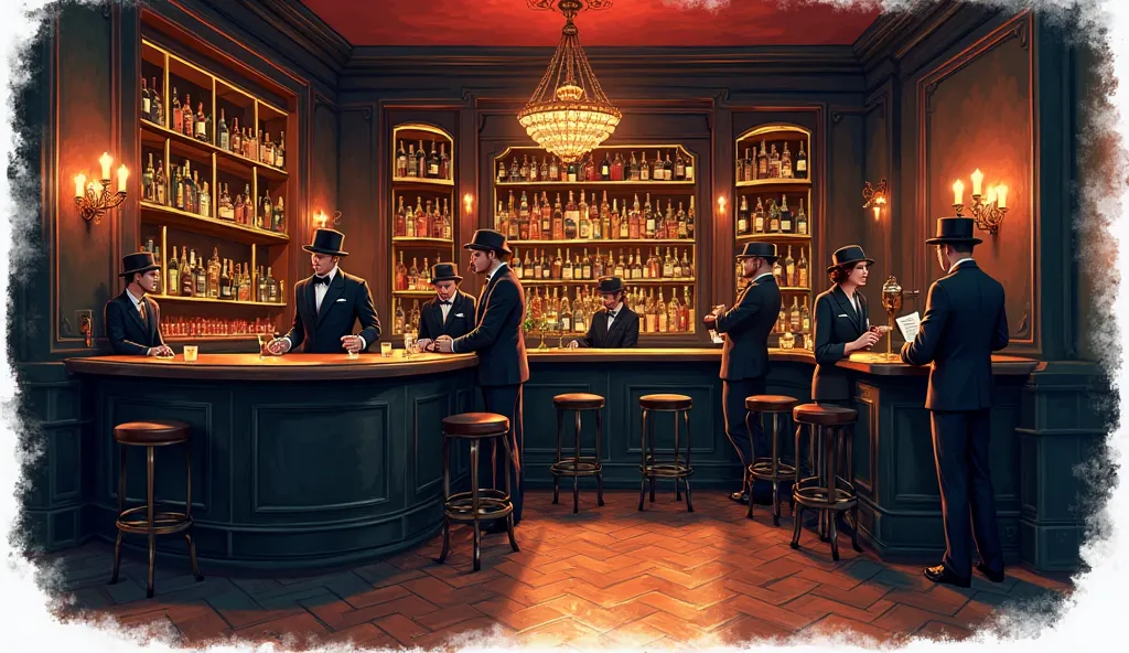 1920s hidden speakeasy bar with a secretive vibe, shown in a medium shot. The illustration should be set on a white background with space for text. Focus on elements from the Prohibition era like dim lighting, vintage decor, and stylish patrons. Isolated o...