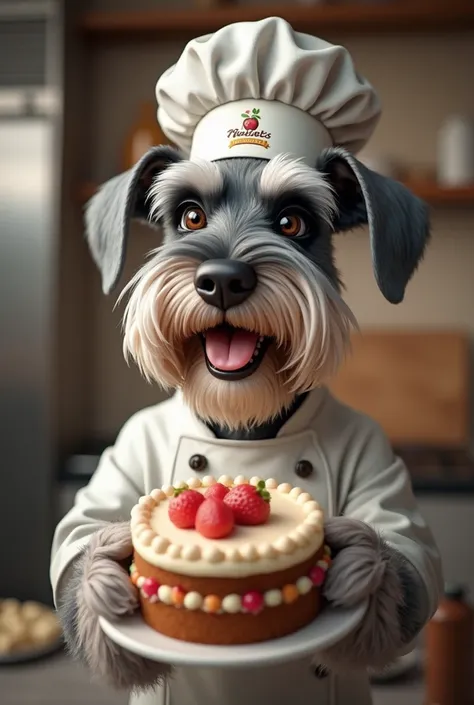 A happy dog ,raza schnauzer, with a chef's hat and a cake in a semi-realistic style