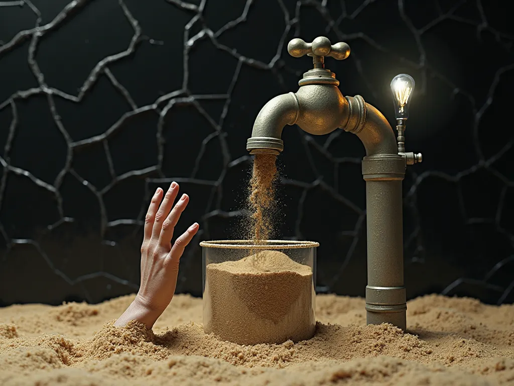 The faucet in a sink is spilling sand on a container full of sand. A hand sticks out of the sand there is a light bulb on that comes out of the faucet, Black cracked prism glass background 
