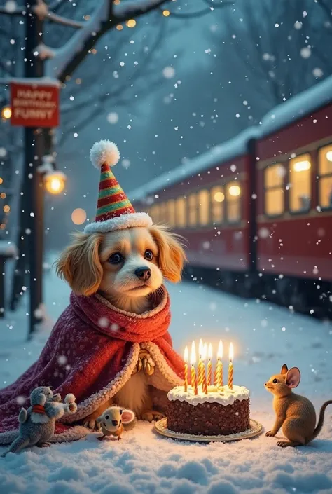 A snowy train station at night with gentle snowflakes falling. A cute little dog wearing a colorful party hat, wrapped in a cozy blanket, sits next to a birthday cake with several lit candles. A train passes by in the background with brightly lit windows. ...