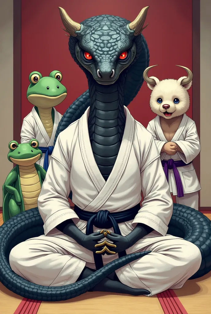 a naja snake , Black, in a jiu-jitsu kimono, White , with red eyes,com uma faixa Black na cintura, looking fierce, with Scars ON HIS FACE,  on a mat, in meditation position, rodeada por um sapo de kimono  White  e uma faixa branca, a teddy bear with a kimo...