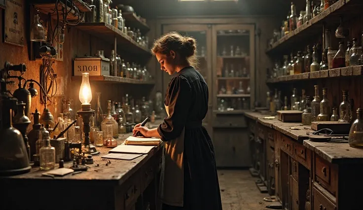 1. Marie’s First Laboratory – A Cramped and Makeshift Workspace
"Inside a small, poorly ventilated laboratory in Paris, Marie Curie, wearing a modest dark dress and an apron, stands at a wooden table cluttered with glass beakers, electrometers, and crude s...