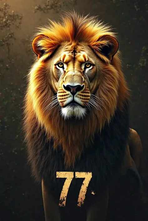 Lion with thick golden mane. That only the face can be seen, with cuts on the face. With the large number 77 in the middle on the bottom. Make the image look realistic and elongated vertical